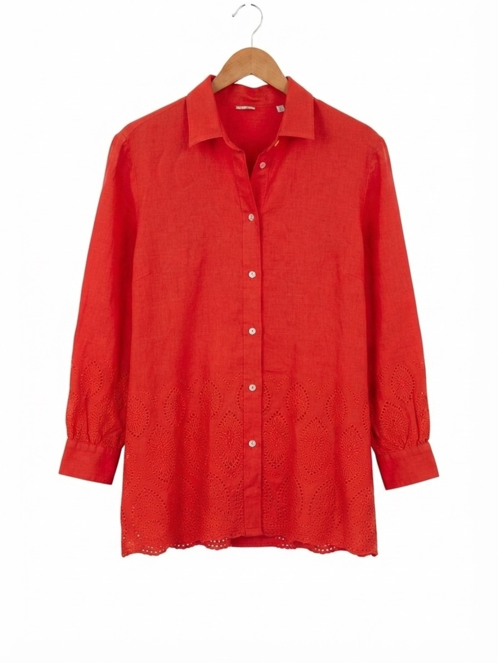 Elie Tahari Orange Linen Eyelet Cutwork Embroidery Button Down Shirt Size L